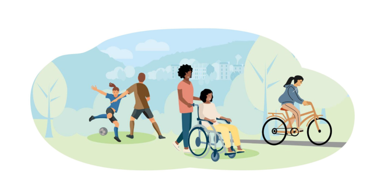 A colourful graphic showing two people playing football, a person pushing someone else in a wheelchair, and a person on a bicycle.