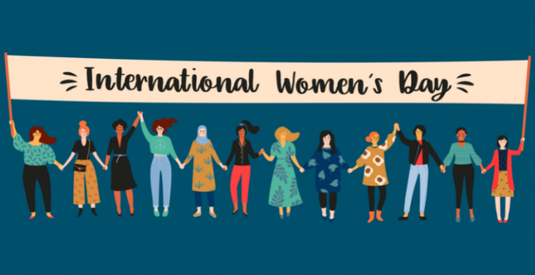 Cartoon-style graphic of 12 women standing in a line, holding a banner which reads: International Women's Day