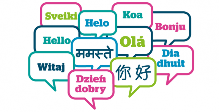 Colourful speech bubbles with the word 'Hello' in different languages