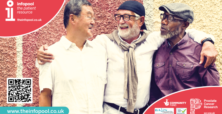 Information graphic from Prostate Cancer Research. The patient resource: theinfopool.co.uk. Photo of an Asian man, white man, and black man talking and laughing together.