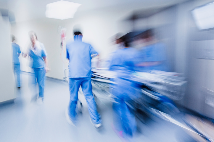Blurred emergency scene in a hospital.