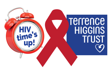 A red alarm clock with blue writing which reads 'HIV time's up' on the clock face. Next to the clock is a red ribbon and on the left is a blue square with white writing which reads 'Terrence Higgins Trust'.