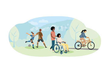 A colourful graphic showing two people playing football, a person pushing someone else in a wheelchair, and a person on a bicycle.