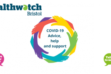 Healthwatch Bristol logo and a circle of multicoloured hands. The text reads COVID-19 Advice, help and support 