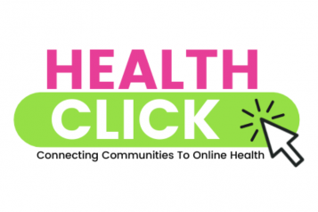'HEALTH' is written in large pink letters on a white background.CLICK' is written in white text, with a green bubble behind it. An arrow, or mouse cursor, is pointing at  Underneath, text reads: Connecting Communities To Online Health 