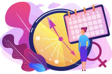 A colourful graphic showing a clock, a calender, the the female gender symbol, a woman, and feathers and clouds in the background. A colourful graphic showing a clock, a calender, the the female gender symbol, a woman, and feathers and clouds in the background.