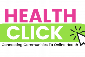 Health Click written in the Healthwatch shades of pink and green. A computer mouse icon is shown to be clicking in the corner.