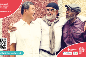 Information graphic from Prostate Cancer Research. The patient resource: theinfopool.co.uk. Photo of an Asian man, white man, and black man talking and laughing together.