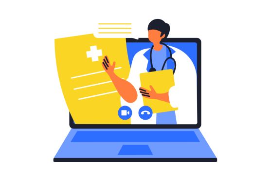 Blue and yellow cartoon-style graphic of a doctor offering a prescription through the screen of a laptop.