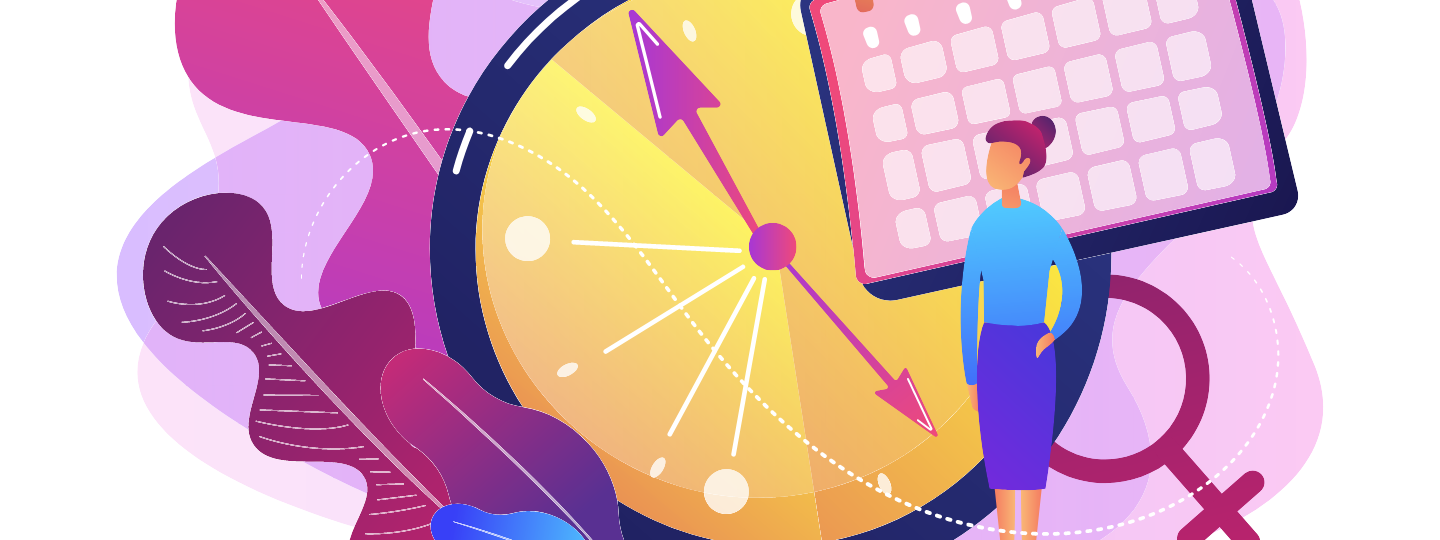 A colourful graphic showing a clock, a calender, the the female gender symbol, a woman, and feathers and clouds in the background.
