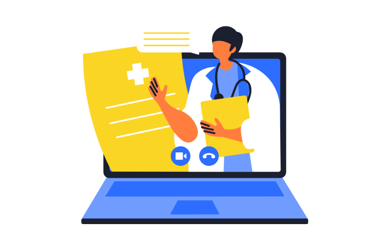 Blue and yellow cartoon-style graphic of a doctor offering a prescription through the screen of a laptop.