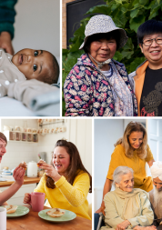 Collage of four images: a young Black baby lying on a bed with a mother in the background; two older Asian smiling women in a garden; a young man with a learning disability having tea and cake; two older Sikh parents looking at a laptop.